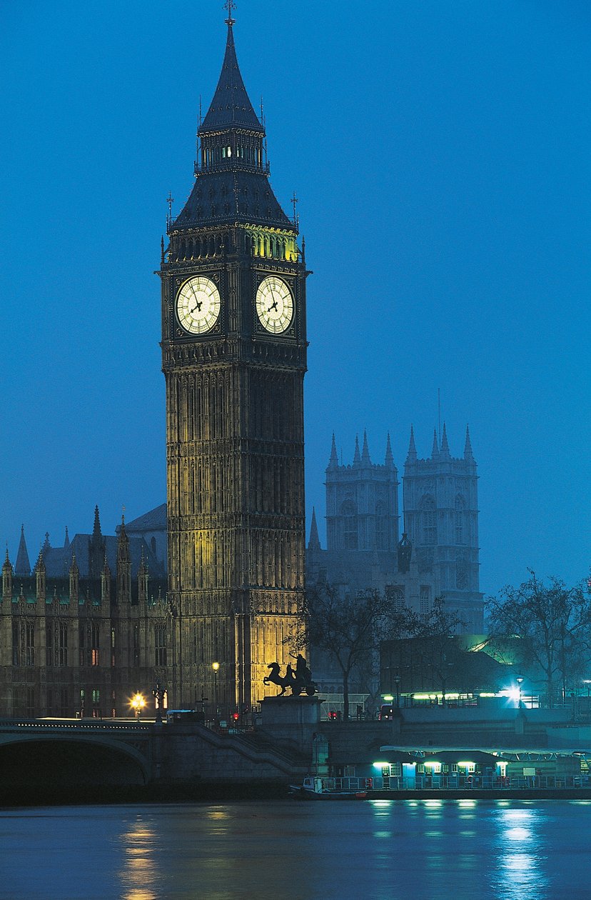 英国伦敦泰晤士河上的大本钟夜景，英国，伦敦 作者 奥古斯都·韦尔比·普金