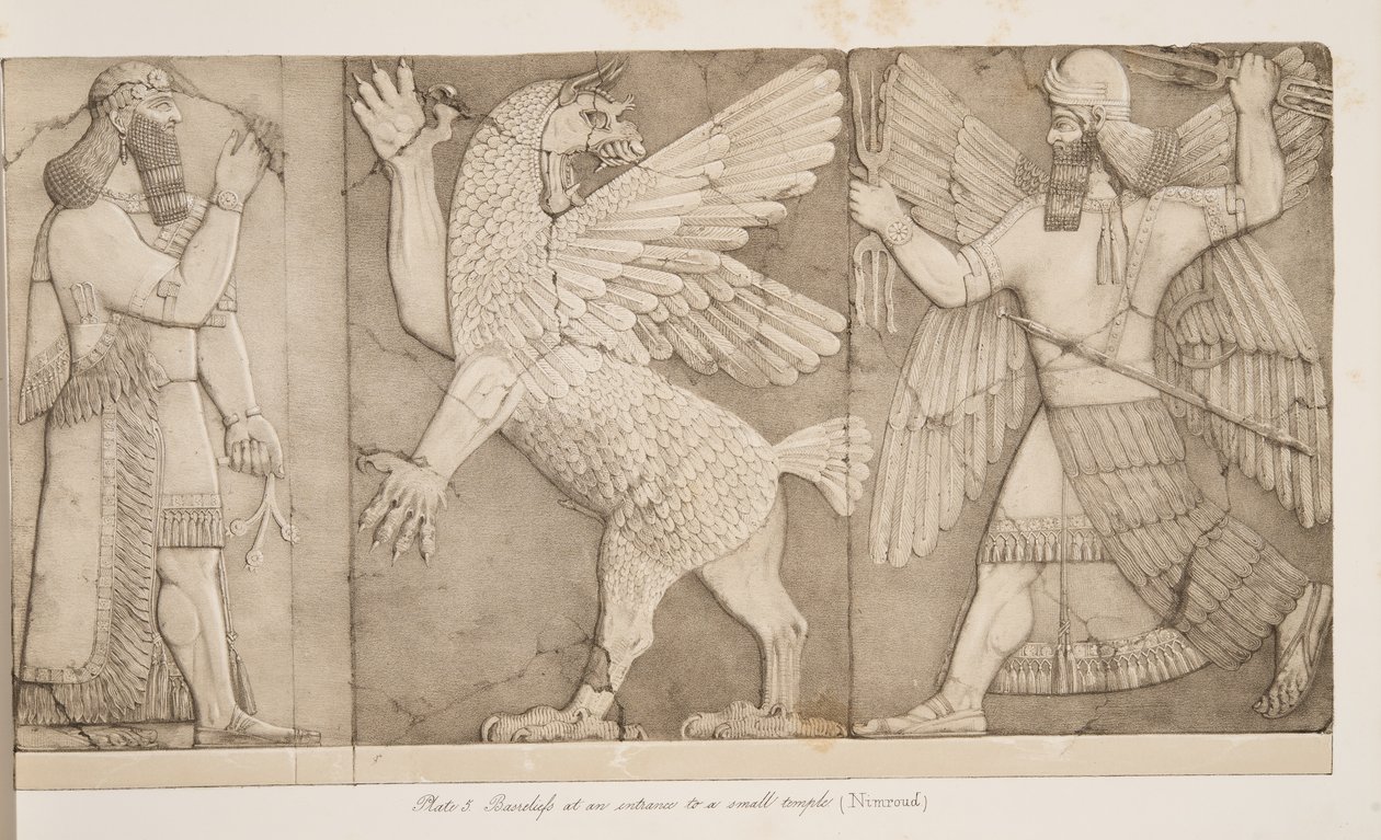 在一个小寺庙（Nimroud）的入口处，从Nineveh纪念碑，酒吧的浅浮雕。 1849年 作者 奥斯丁·亨利·拉亚德