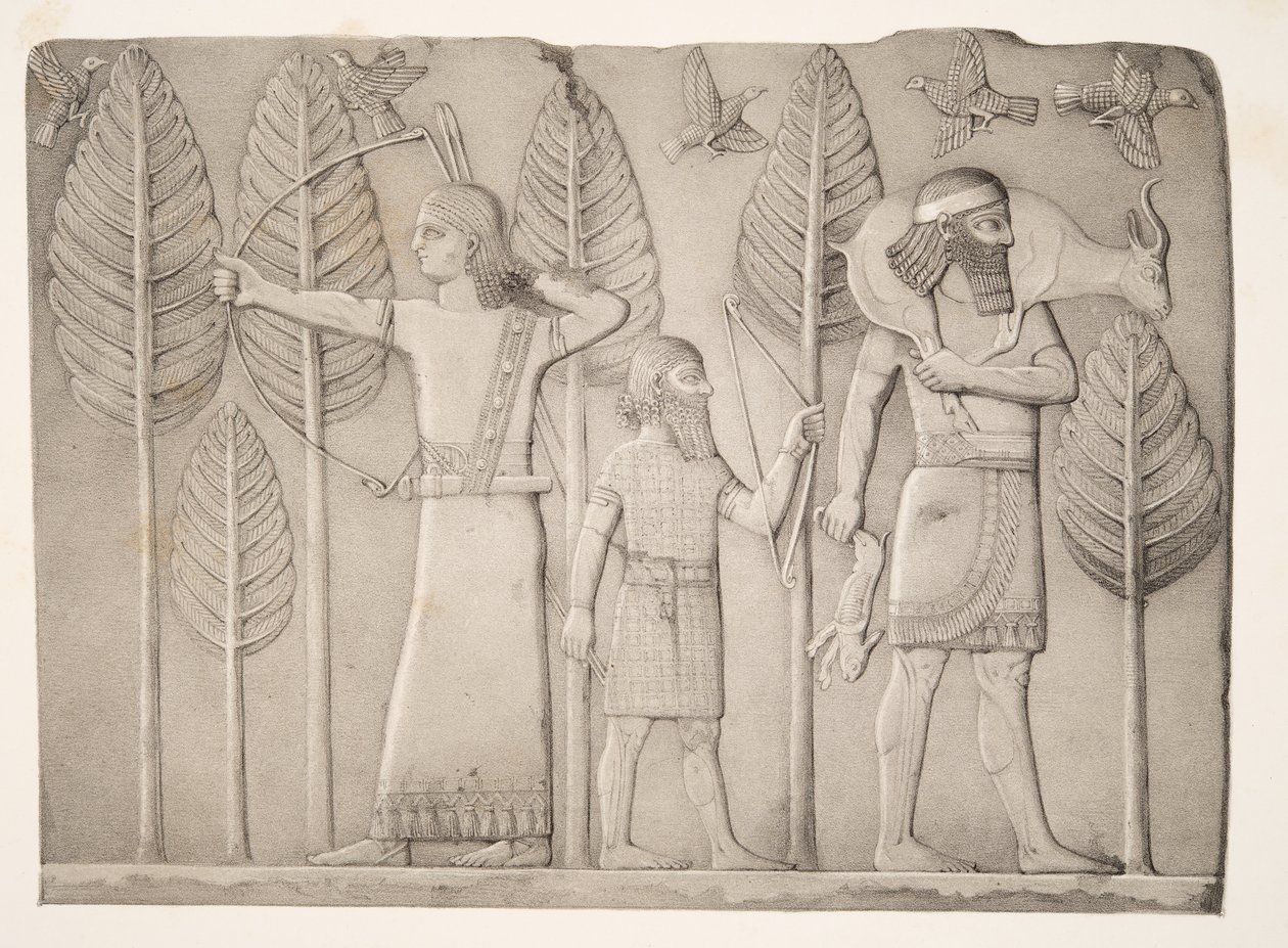 猎人与瞪羚，野兔和鸟类（Khorsabad），来自Nineveh纪念碑，酒吧。 1849年 作者 奥斯丁·亨利·拉亚德