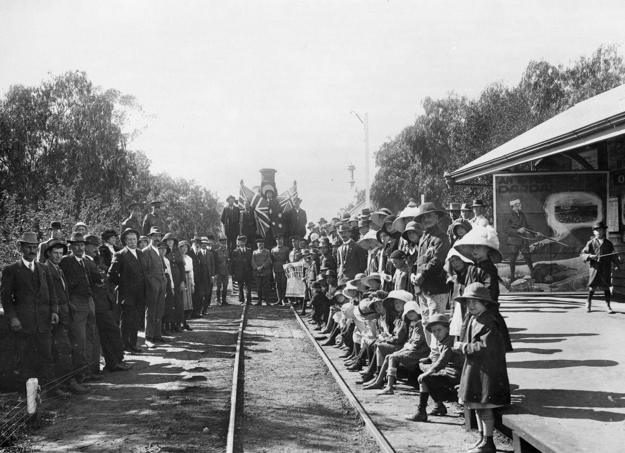 火车站的旅游招募火车与一些城镇居民（Donor Queensland Recruiting Committee），Wallumbilla，Queensland，c.1916 作者 澳大利亚摄影师