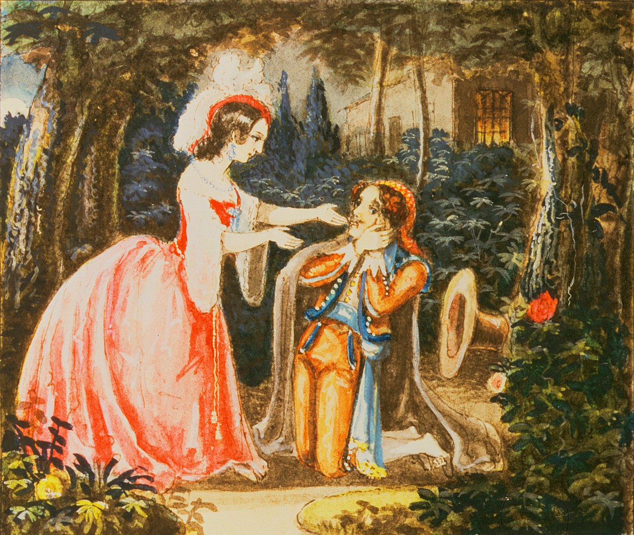 Almaviva伯爵在他的妻子忏悔之前跪下，第四幕，来自Wolfgang Amadeus Mozart的“费加罗的婚礼”（1756-91） 作者 奥地利学派