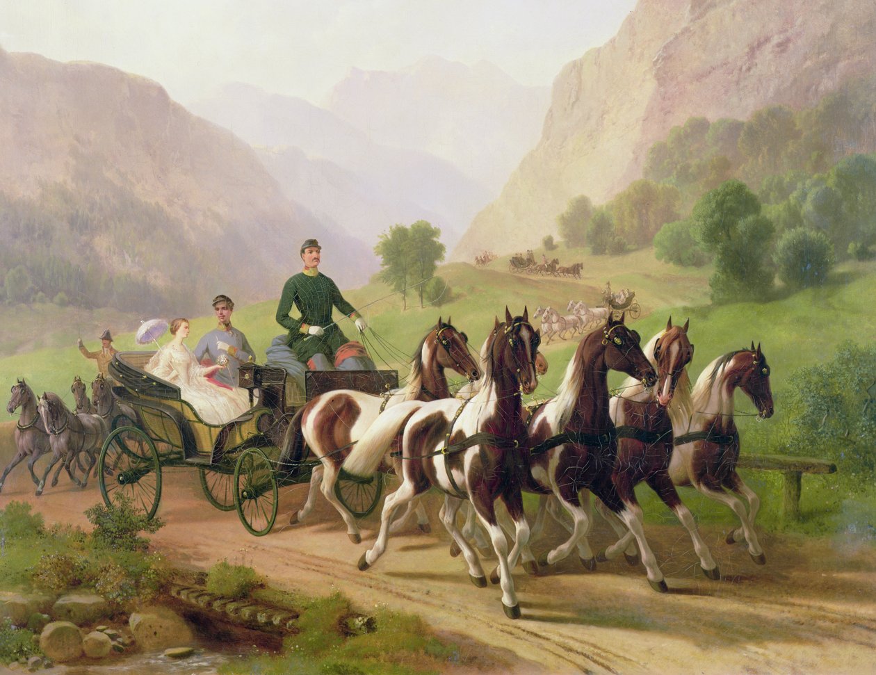 1855年，奥地利皇帝弗朗茨·约瑟夫一世与他的妻子巴伐利亚的伊丽莎白一起开车 作者 奥地利学派