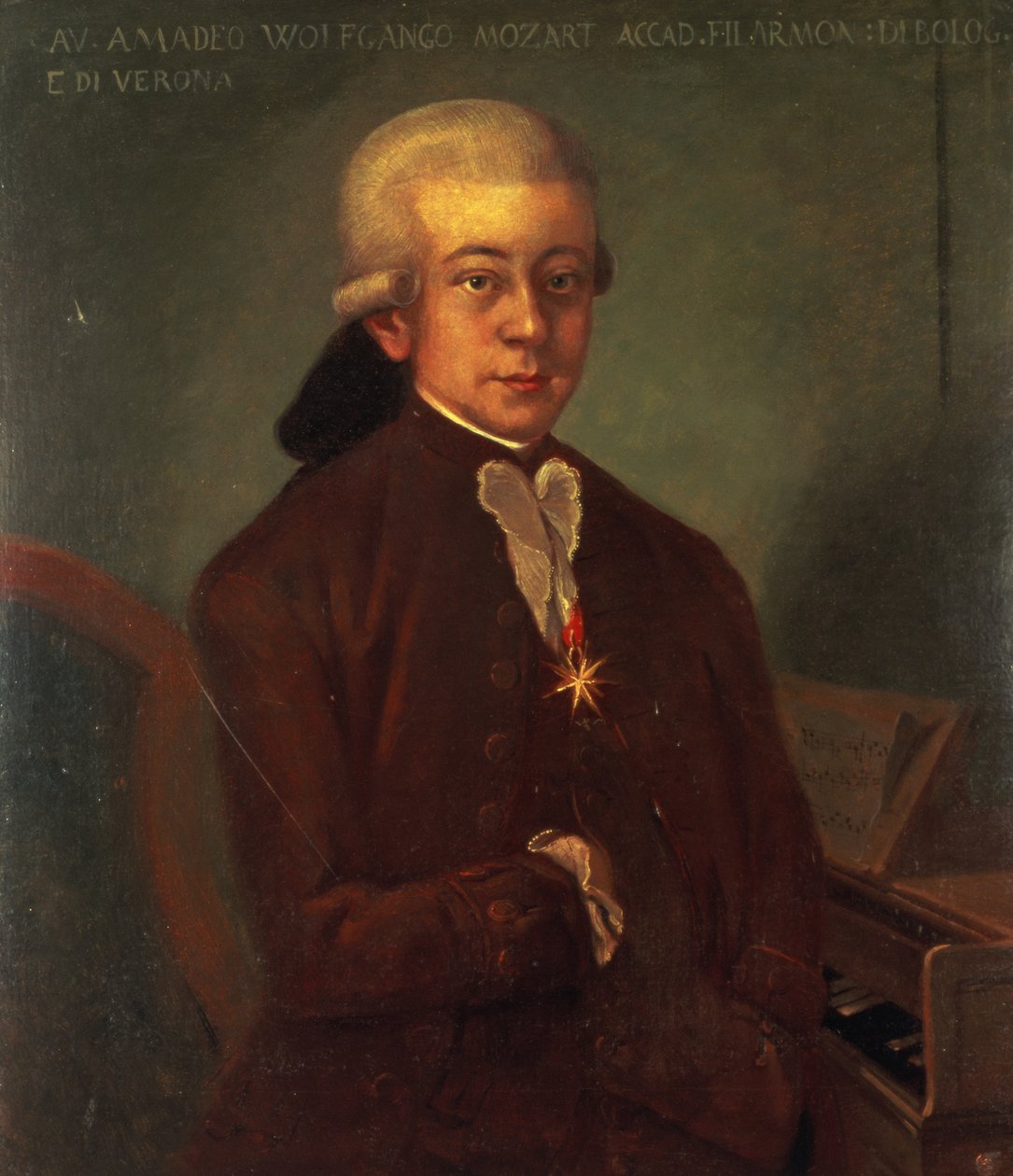 沃尔夫冈·阿马德乌斯·莫扎特（1756-91）的肖像，穿着1777年的金色勋章 作者 奥地利学派
