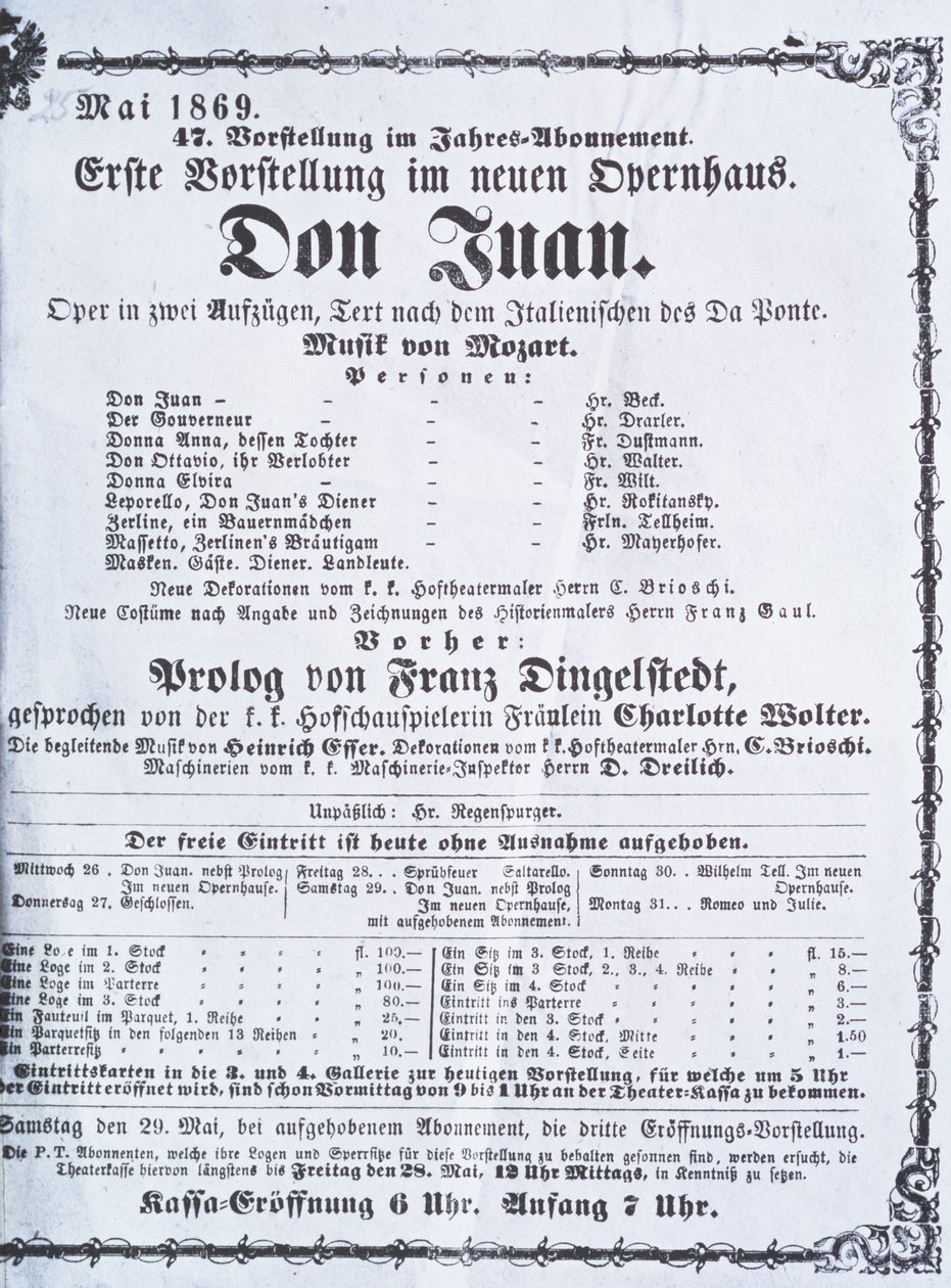 2008年5月1869年Wolfgang Amadeus Mozart（1756-91）海报广告“Don Juan”（Don Giovanni）表演 作者 奥地利学派