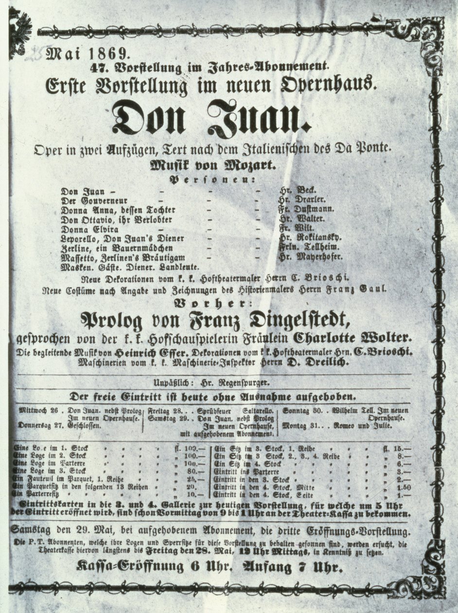 2008年5月1869年Wolfgang Amadeus Mozart（1756-91）海报广告“Don Juan”（Don Giovanni）表演 作者 奥地利学派
