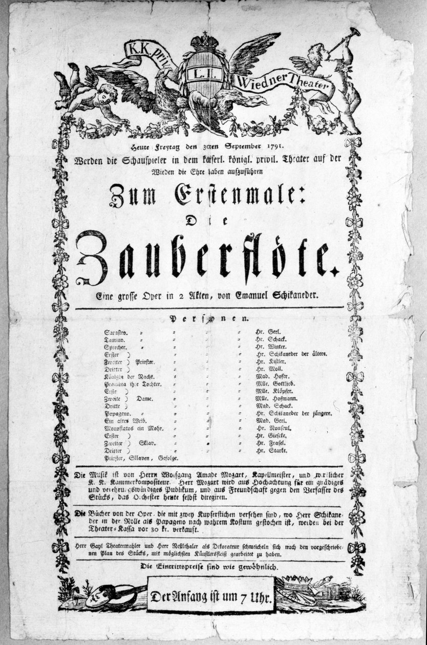 海报宣传由Wolfgang Amadeus Mozart在Freihaustheater（现为维也纳剧院）举办的“The Magic Flute”首映式，1791年 作者 奥地利学派