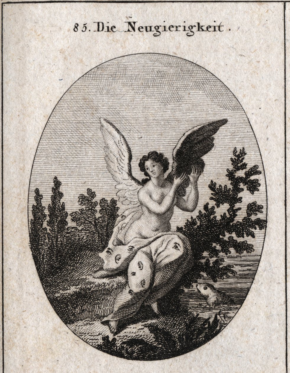 Allegorie de curiosite代表着一个点缀着耳朵和眼睛的帷幕，翅膀高高举起的雕刻在 "Iconologie oder Ideen aus dem Gebiet der Leidenschaften und Allegorien bildich dargestellt fur Zeichner, Mahler, Dichter, Gelehrte, Erzieher und 作者 奥地利学派
