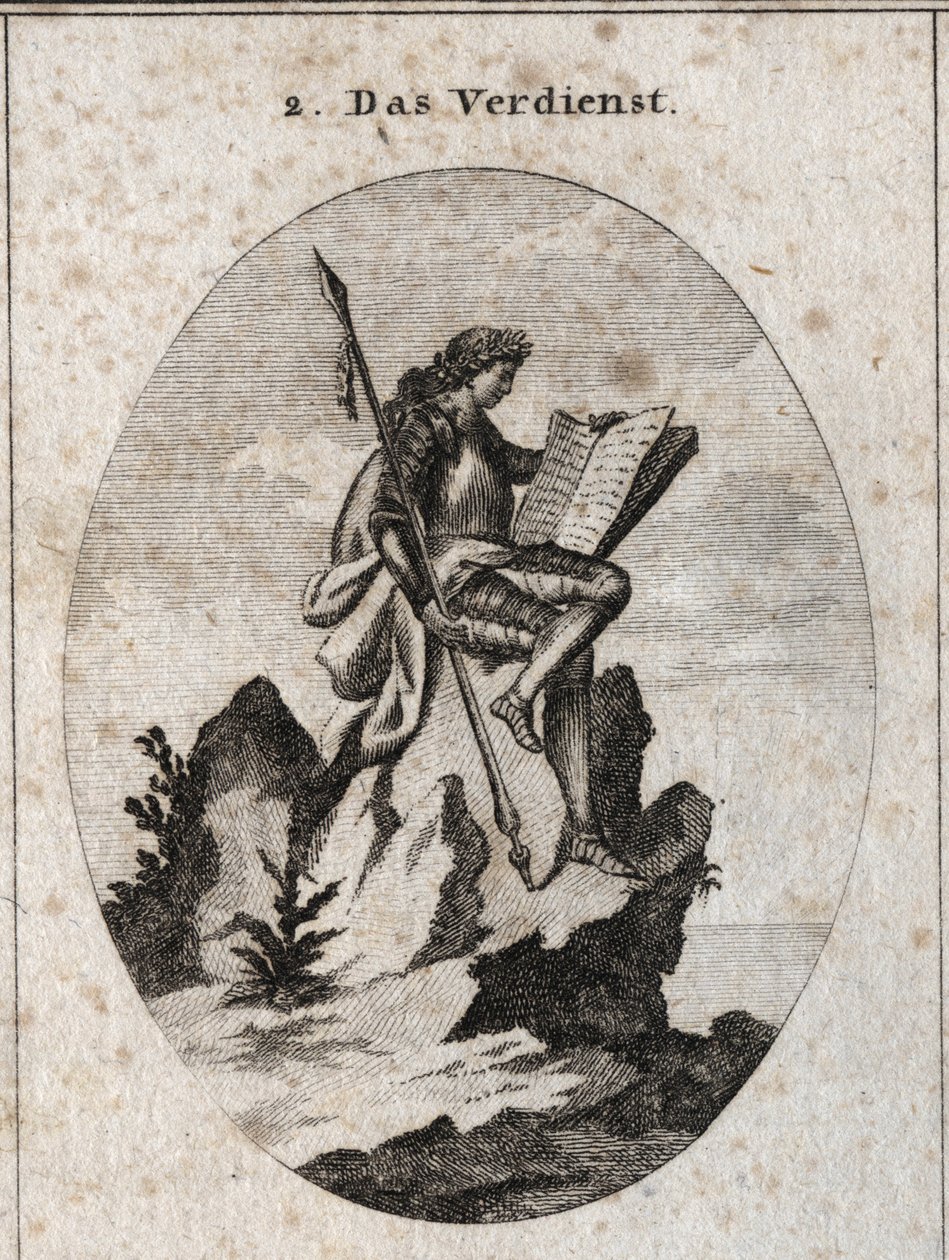 Allegorie du merite代表着在岩石的顶部陡峭的武器和一本书，象征着他的作品和研究结果。在 "Iconologie oder Ideen aus dem Gebiete der Leidenschaften und Allegorien bildich dargestellt fur Zeichne "中的雕版。 作者 奥地利学派