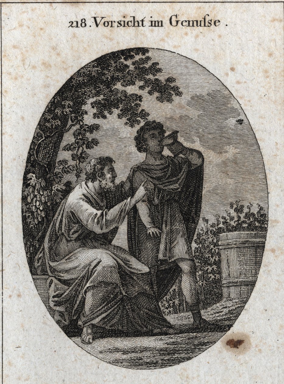 Allegory of caution while enjoying. A philosopher warns us that the vine produces three kinds of grapes: that of pleasure, that of drunkenness and that of doulers and madness. Engraving in “” Iconologie oder Ideen aus dem Gebiete der Leidenschaften und All 作者 奥地利学派