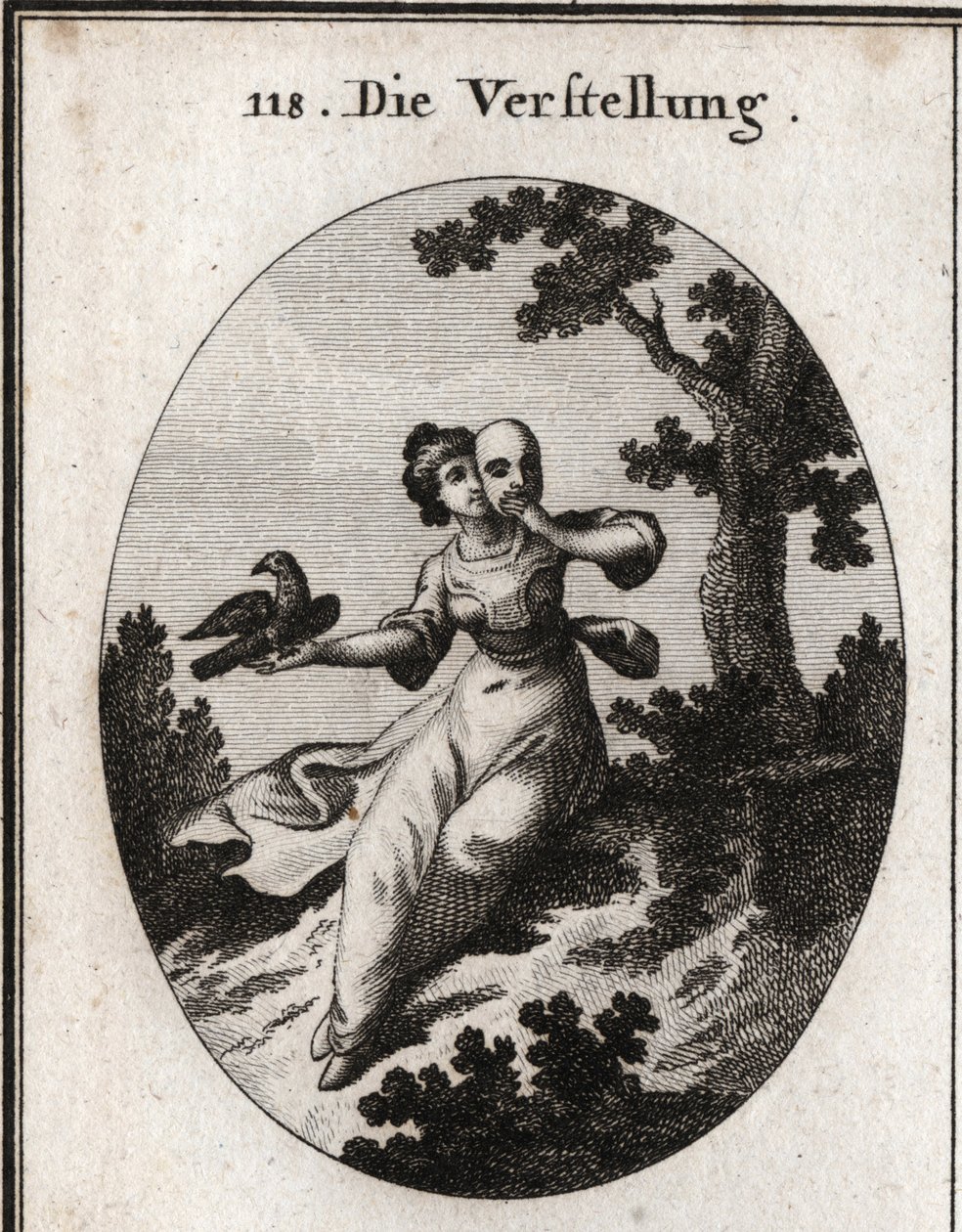 Allegory of concealment. She covers her face with a mask, emblem of the fake. Its attribute is a magpie, both white and black, and its caresses are blended with beaks. Engraving in “” Iconologie oder Ideen aus dem Gebiete der Leidenschaften und Allegorien  作者 奥地利学派