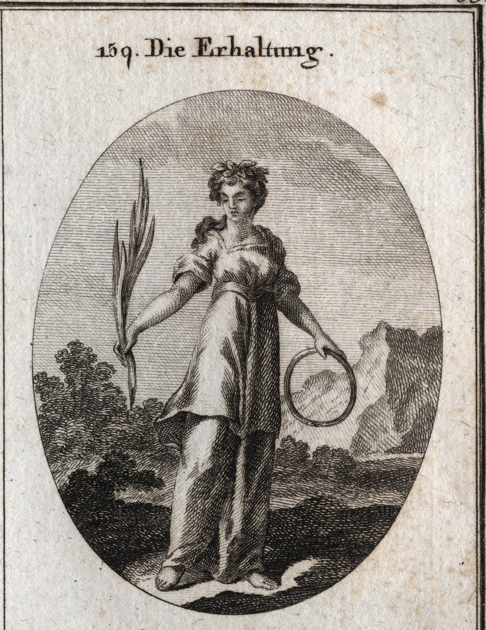 Allegory of conservation. The cedar branch is incorruptible but is also the emblem of conservation and the circle that of the conti succession. She wears a crown of aromatic plants that were used by the Egyptians to preserve the dead. Engraving in “” Icono 作者 奥地利学派