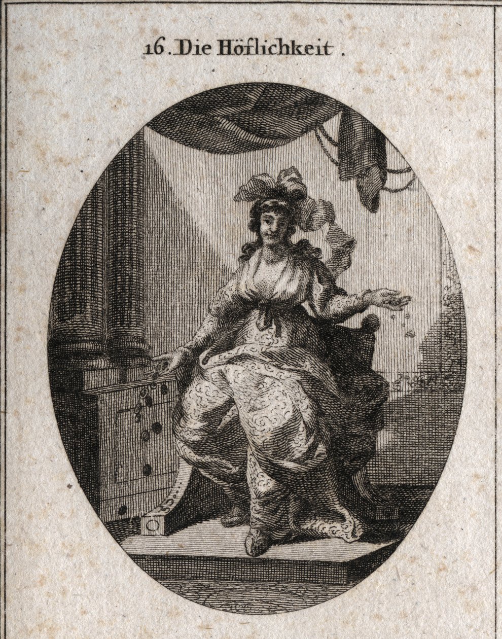 Allegory of courtesy represented by a wealthy, graceful and smiling woman who repands money and jewelry. Engraving in “” Iconologie oder Ideen aus dem Gebiete der Leidenschaften und Allegorien bildich dargestellt fur Zeichner, Mahler, Dichter, Gelehrte, Er 作者 奥地利学派