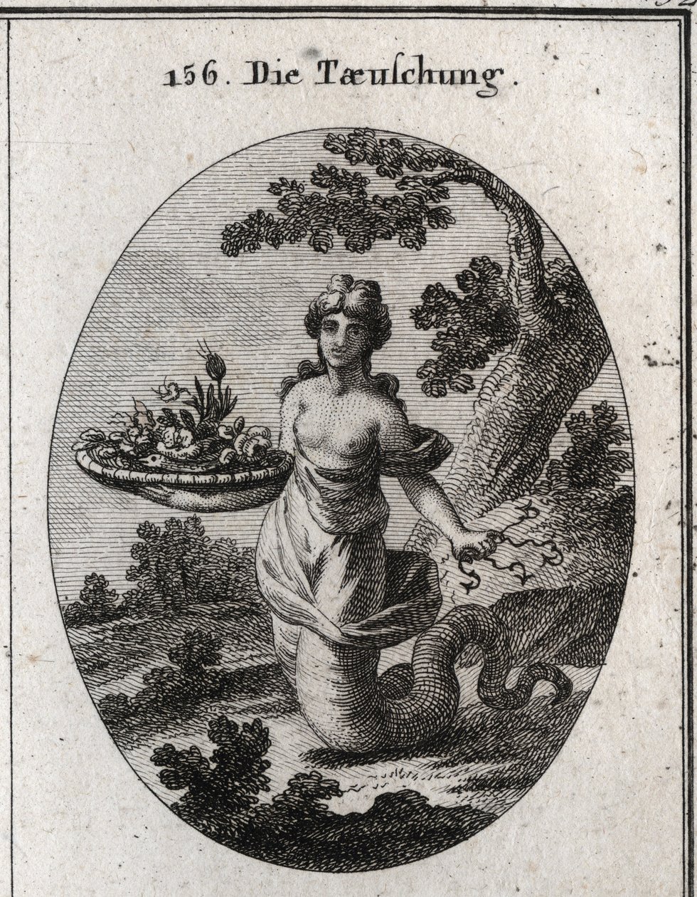 Allegory of deception. Among the flowers of the basket is a snake. She holds caches behind her several hamecons. Her legs end in a snake tail to show that she crawls to achieve her ends. Engraving in “” Iconologie oder Ideen aus dem Gebiete der Leidenschaf 作者 奥地利学派