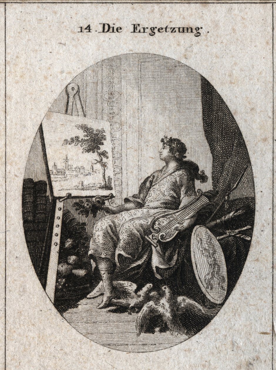 Allegory of delectation represented by a young man holding a lyre near a painting with fruits, books, weapons and two colombents that caress each other, all symbolizing the charm of the senses. Engraving in “” Iconologie oder Ideen aus dem Gebiete der Leid 作者 奥地利学派