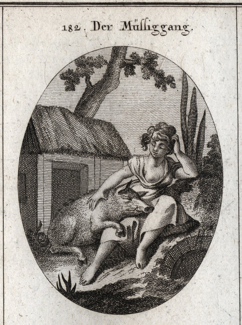 Allegory of idleness represented by a half asleep woman who scratches her head with one hand and rests with the other on a pig sleeping on her knees. Engraving in “” Iconologie oder Ideen aus dem Gebiete der Leidenschaften und Allegorien bildich dargestell 作者 奥地利学派