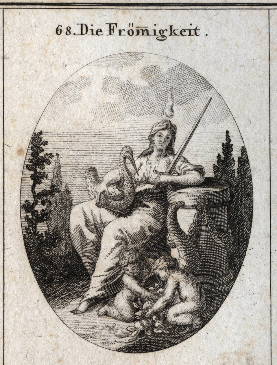 Allegory of piety. The burning flame on his head and his position on the altar marks the exces of God