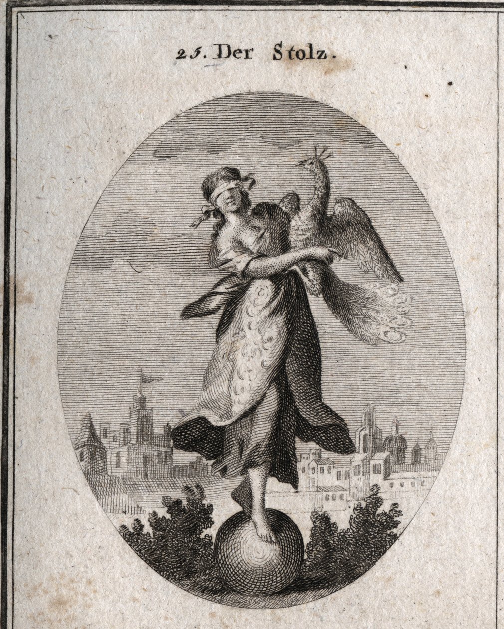 Allegory of pride represented by a young girl with a blindfold placed on a ball emblem of her little solidite. The peacock symbolizes the superb spirit. The rich clothing covers her poor clothes to show the outdoors. Engraving in “” Iconologie oder Ideen a 作者 奥地利学派
