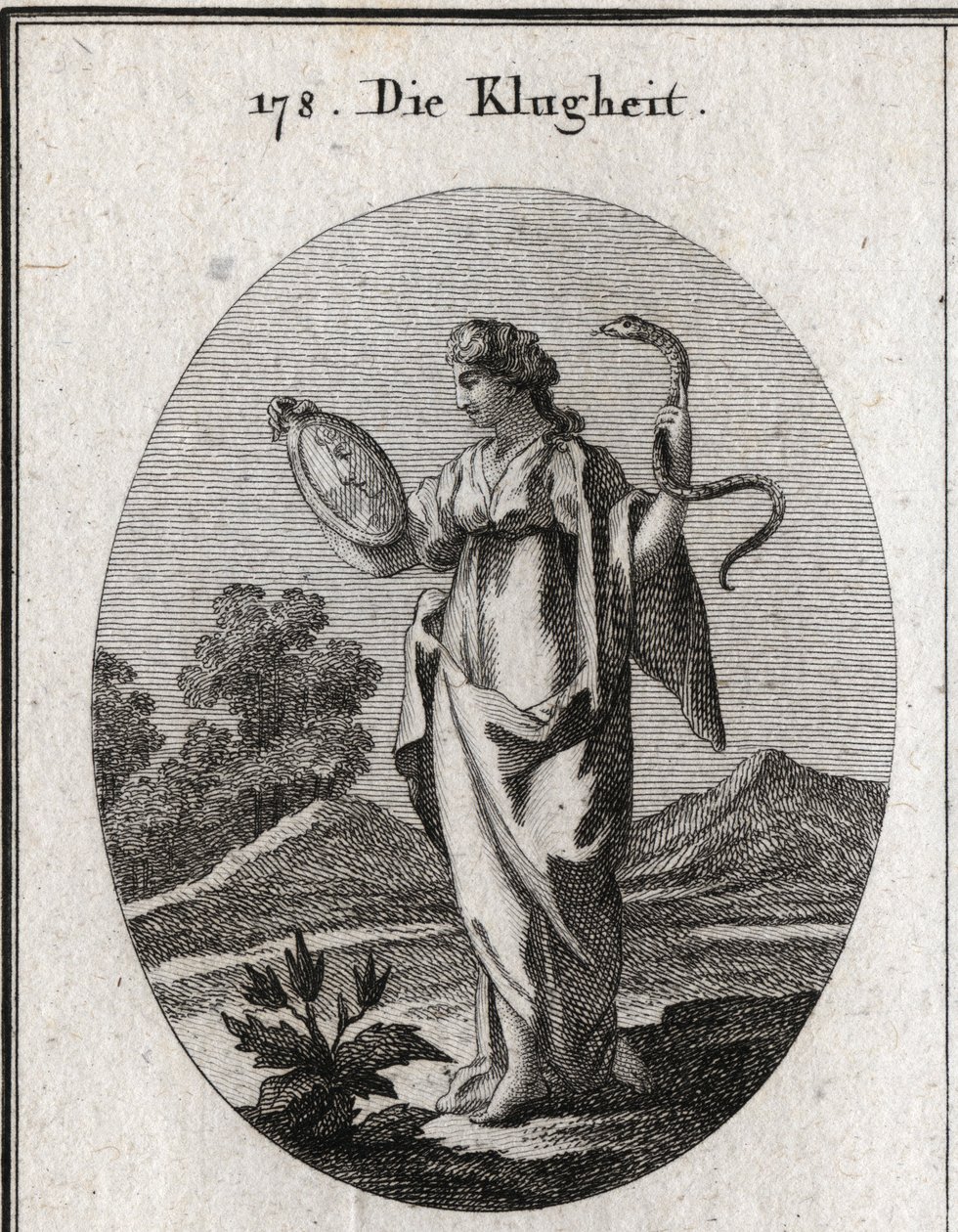 Allegory of prudence, its ordinary attributes are the mirror and the snake. She has two faces, a young person for the anticipation of the future and an old one for the consideration of the past. Engraving in “” Iconologie oder Ideen aus dem Gebiete der Lei 作者 奥地利学派