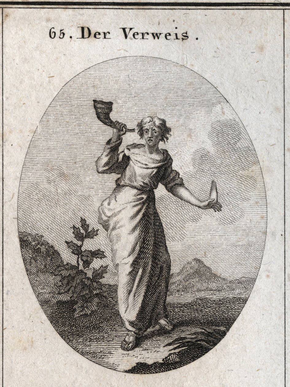 Allegory of reprimand. She learns to sound a book connet that emphasizes the unsightly sound of reprehensive words manipulated with caution, as shown by the human language held in the other hand. Engraving in “” Iconologie oder Ideen aus dem Gebiete der Le 作者 奥地利学派