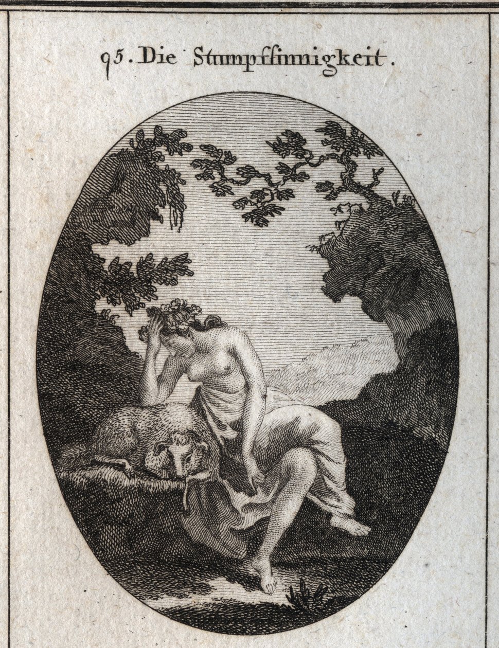 Allegory of stupidity. It is leaning on a sheep, naturally stupid animal. Engraving in “” Iconologie oder Ideen aus dem Gebiete der Leidenschaften und Allegorien bildich dargestellt fur Zeichner, Mahler, Dichter, Gelehrte, Erzieher und freunde Hoherer Gesc 作者 奥地利学派