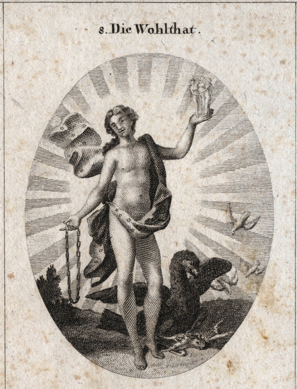 Allegory of the blessing represented by a handsome young man with a laughing face. His drapery is dotted with stars and is surrounded by rays of light, with one hand he holds the graces and on the other a chain of gold. The eagle near him shares its prey ( 作者 奥地利学派