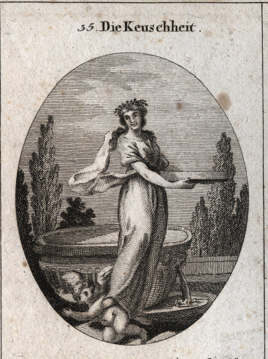 Allegory of the chastete bearing a cinnamon crown symbol among the Egyptians of the chastete, as well as the screen filled with water that she holds and which refers to the justification of a vestal that proved her chastete. She refouls a love under her fo 作者 奥地利学派