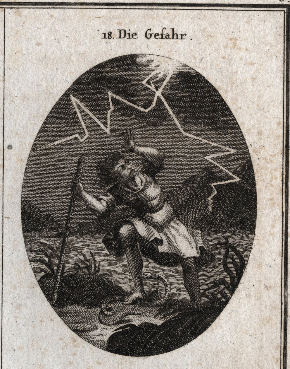 Allegory of the peril represented by a young man who escapes from a fast stream by setting foot on a snake that stings him and at the same time a thunder struck behind him. Engraving in “” Iconologie oder Ideen aus dem Gebiete der Leidenschaften und Allego 作者 奥地利学派