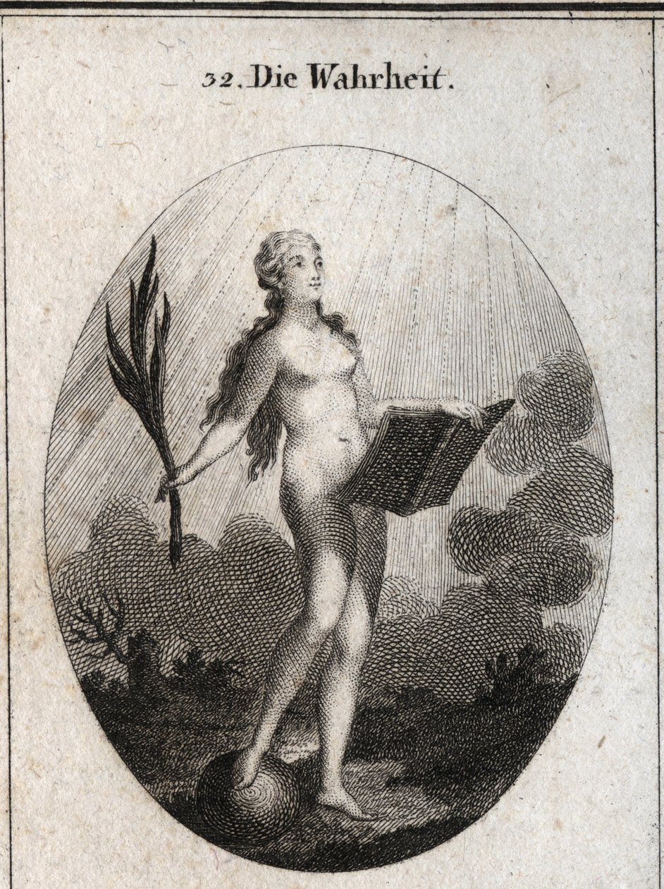 Allegory of the truth represented naked without artifice and natural looks at the light of the sun. The palm symbolizes the triumph of fraud and the book represents study. Engraving in “” Iconologie oder Ideen aus dem Gebiete der Leidenschaften und Allegor 作者 奥地利学派
