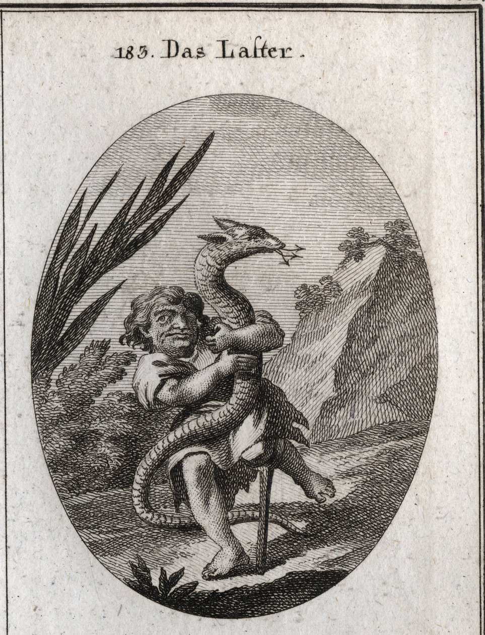 侏儒挤压九头蛇所代表的罪恶寓意。在 "Iconologie oder Ideen aus dem Gebiet der Leidenschaften und Allegorien bildich dargestellt fur Zeichner, Mahler, Dichter, Gelehrte, Erzieher und freunde Hoherer Geschmacksbildung "中雕刻。 作者 奥地利学派