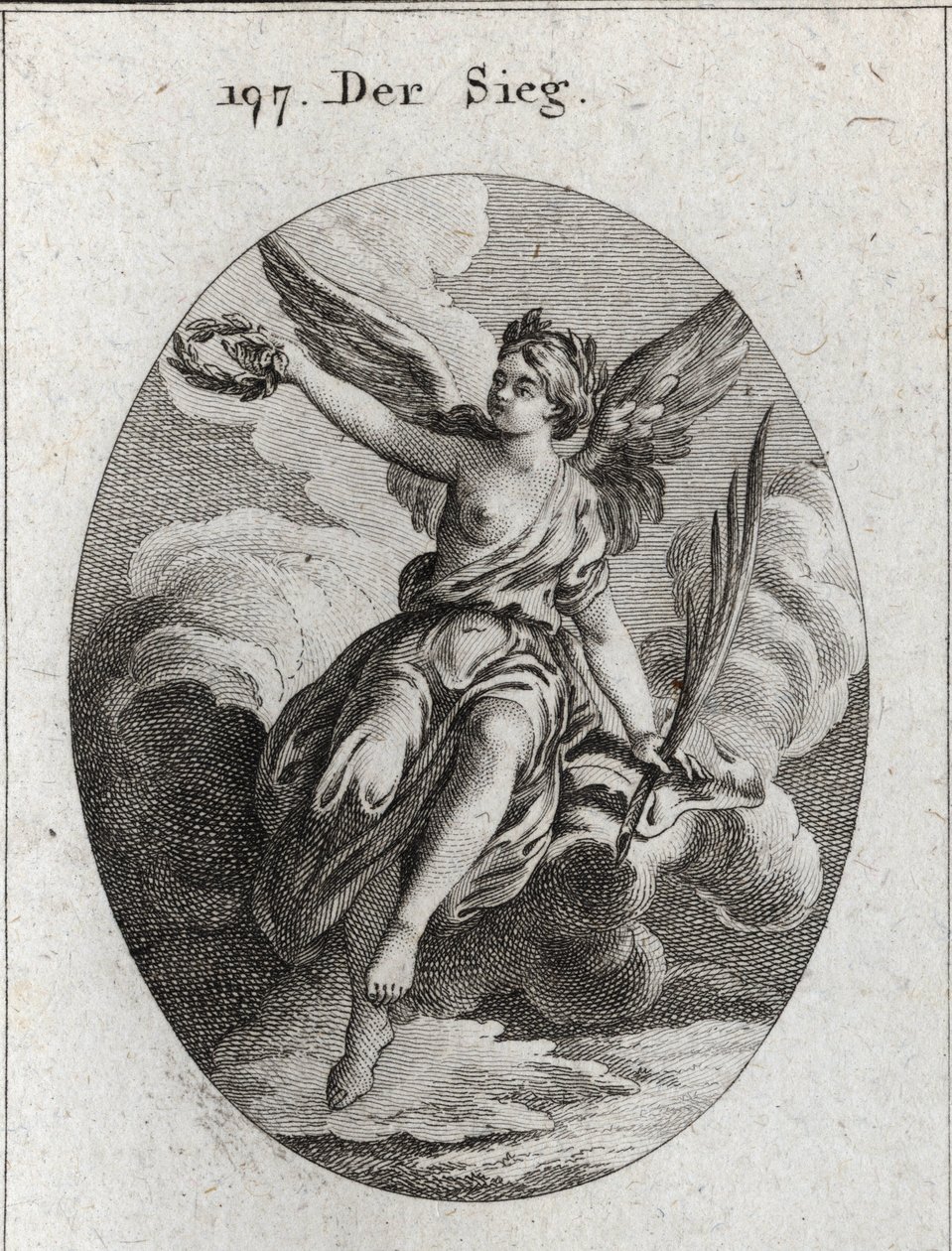 胜利的寓意。她有翅膀，拿着棕榈和月桂花环。在 "Iconologie oder Ideen aus dem Gebiet der Leidenschaften und Allegorien bildich dargestellt fur Zeichner, Mahler, Dichter, Gelehrte, Erzieher und befunde Hoherer Gesch "中的雕刻。 作者 奥地利学派