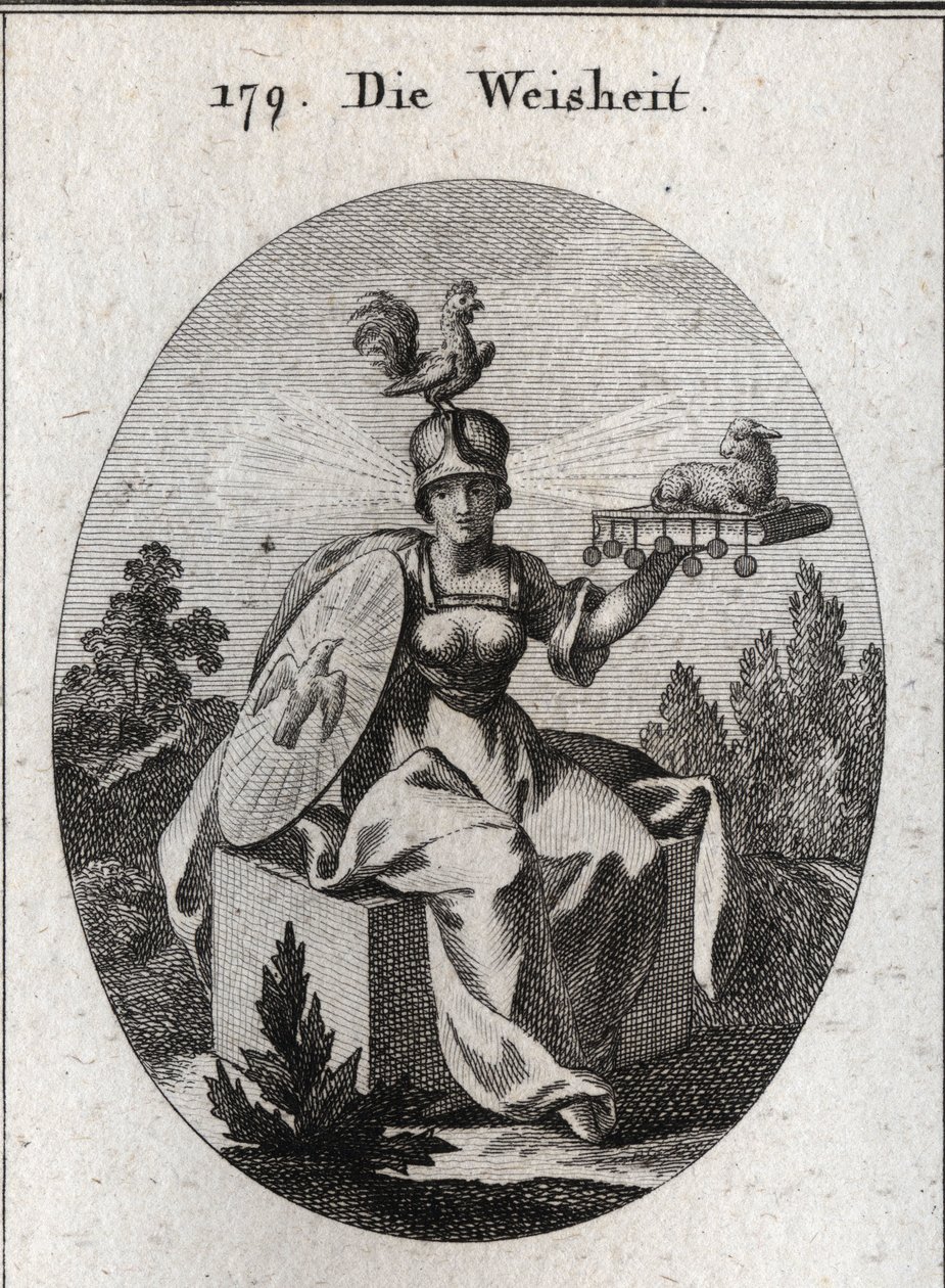 Allegory of wisdom. His clothing and his white weapons define his strength and purity. The rooster on his helmet is the symbol of his intelligence and vigilance. The rays of light coming out of his temples mean dignity and sanctity. The firm book of seven  作者 奥地利学派