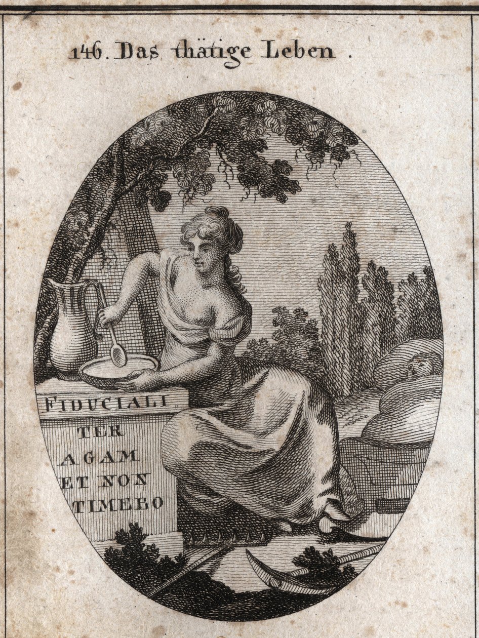 Allegory of working life sitting in the shade of a vine. She is represented preparing to eat in a pond and rocking with her foot a child. Ploughing instruments are placed beside her. Engraving in “” Iconologie oder Ideen aus dem Gebiete der Leidenschaften  作者 奥地利学派