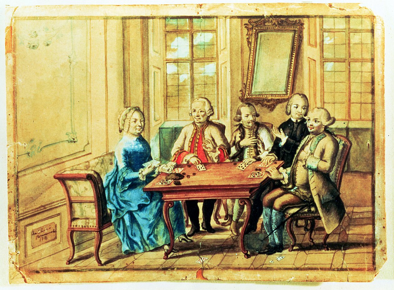 奥地利女皇玛丽亚特蕾莎与Field Marshall Karoly Batthyany（1698-1772），Nadasky和Field Marshall Leopold Joseph，Count von Daun（1705-66），1751年打牌 作者 奥地利学派