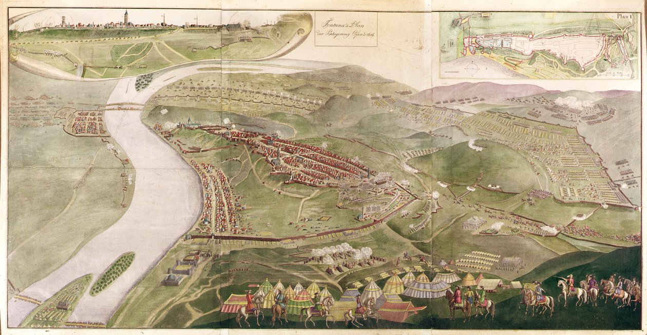 地图描绘了布达的捕获，1686年（彩色雕刻） 作者 奥地利学派