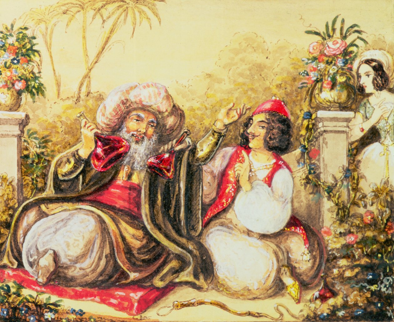 Pedrillo带着Osmin喝酒，而Blonda在第二幕的背景中等待来自Wolfgang Amadeus Mozart的“The Seraglio的绑架”（1756-91） 作者 奥地利学派