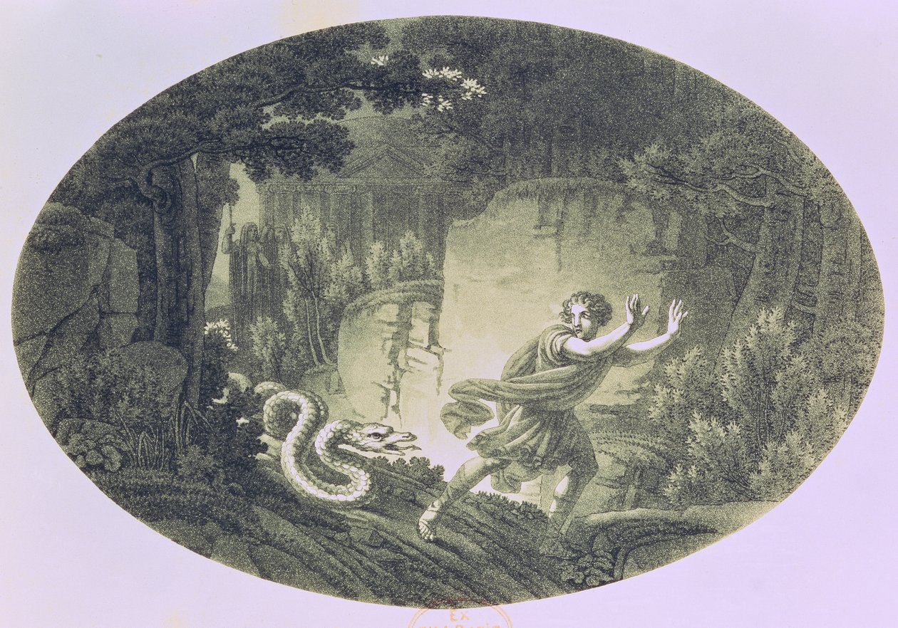 Tamino追逐巨型蛇，第一幕来自Wolfgang Amadeus Mozart的“魔笛”（1756-91）（雕刻） 作者 奥地利学派