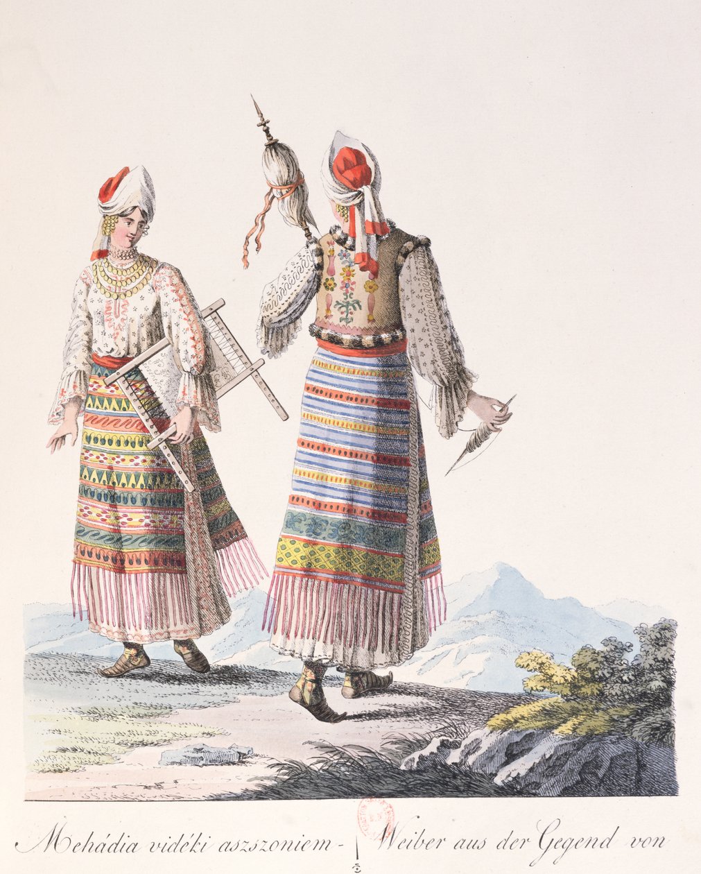 Mehadia地区的传统服饰的女性，1810年JH de Bikkesy的一本书Costumes de Hongrie的插图（彩色雕刻） 作者 奥地利学派