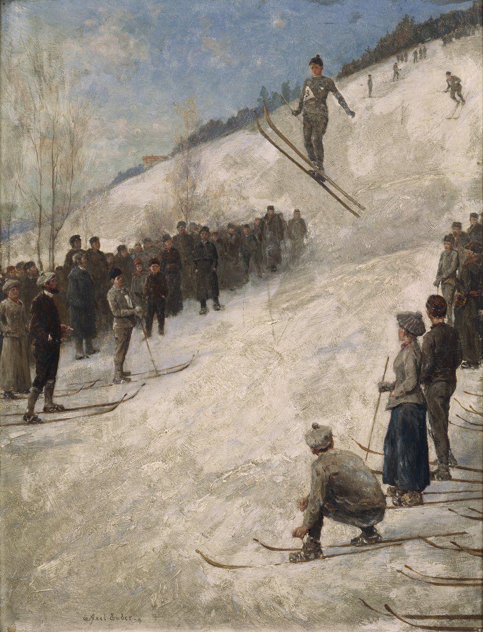阿斯克尔 Fjelkenbakken 的滑雪比赛（布面油画） 作者 阿克塞尔·哈马尔·恩德