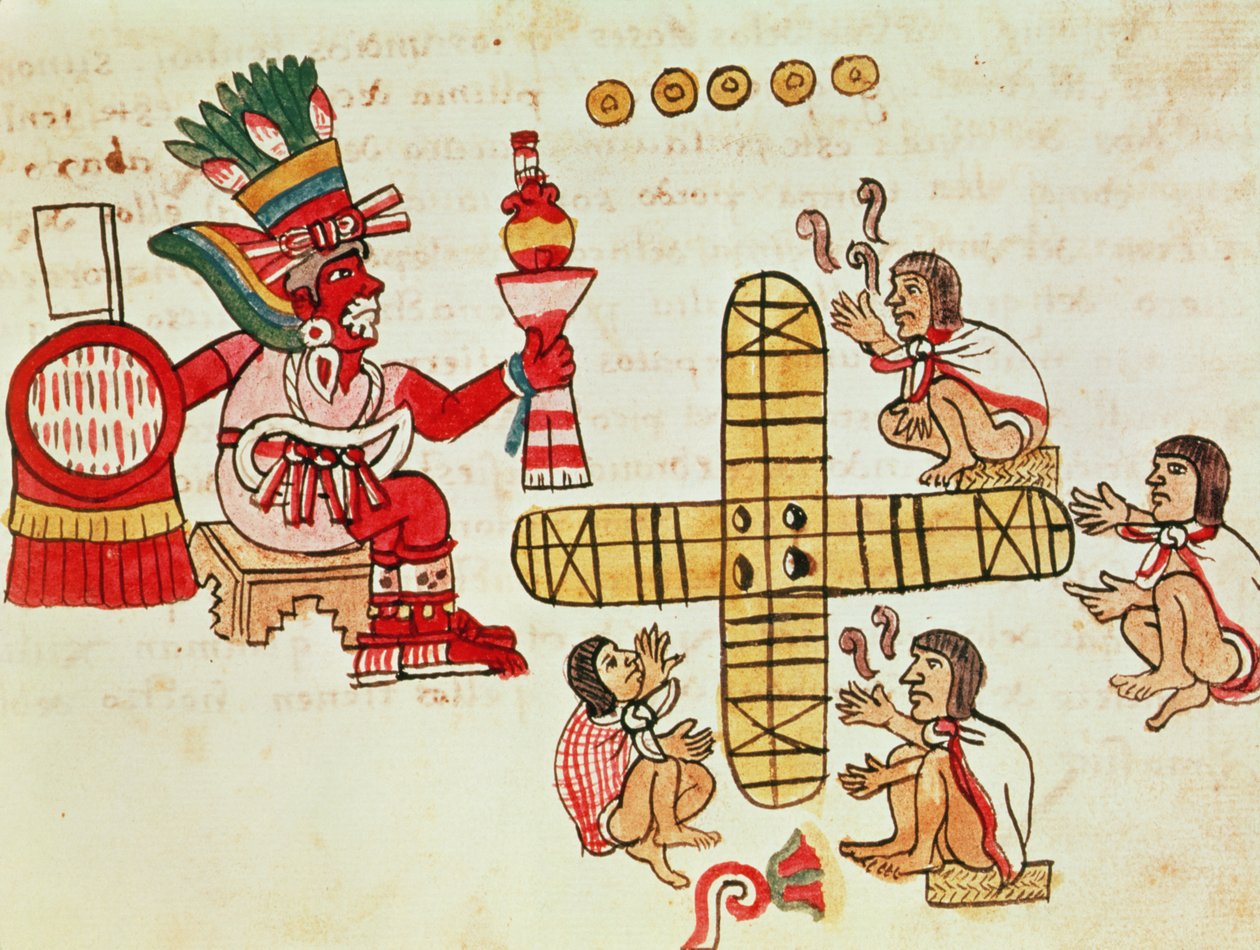 赌博Patoli和神，Xochipilli，来自Codex Magliabechiano（牛皮纸） 作者 阿兹台克人