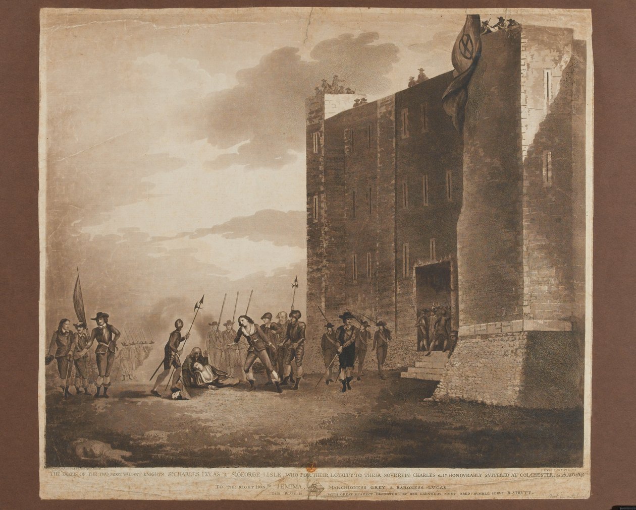 查尔斯·卢克斯爵士（1612-1648）的死亡，乔治·莱尔爵士（1664年），1648年8月28日，由F. Jukes雕刻，于1748年出版（彩色aquatint） 作者 斯图尔特