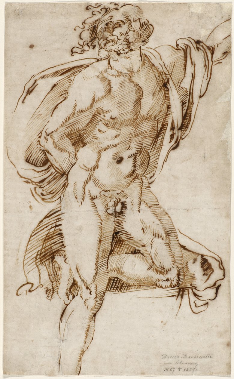 男性裸体单膝倾斜的女性裸体姿势（与Laocoön相关的研究），c.1520-25（在纸上的笔和铁胆油墨） 作者 巴乔·班迪内利（Baccio Bandinelli）