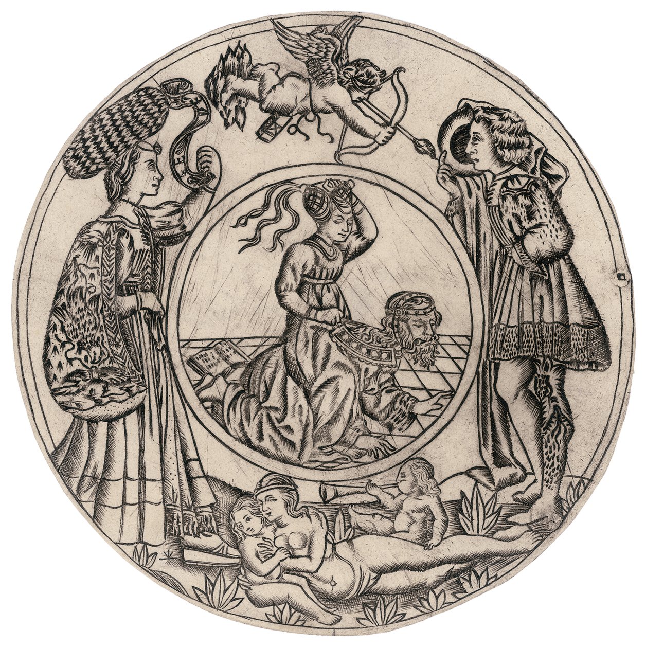 亚里斯多德和菲利斯（Aristotle and Phyllis），被一个年轻的男人和一个带着爱神（Eros）的女人包围着，卧着裸体的女人带着两个孩子，十五世纪下半叶 作者 巴奇奥·巴尔迪尼
