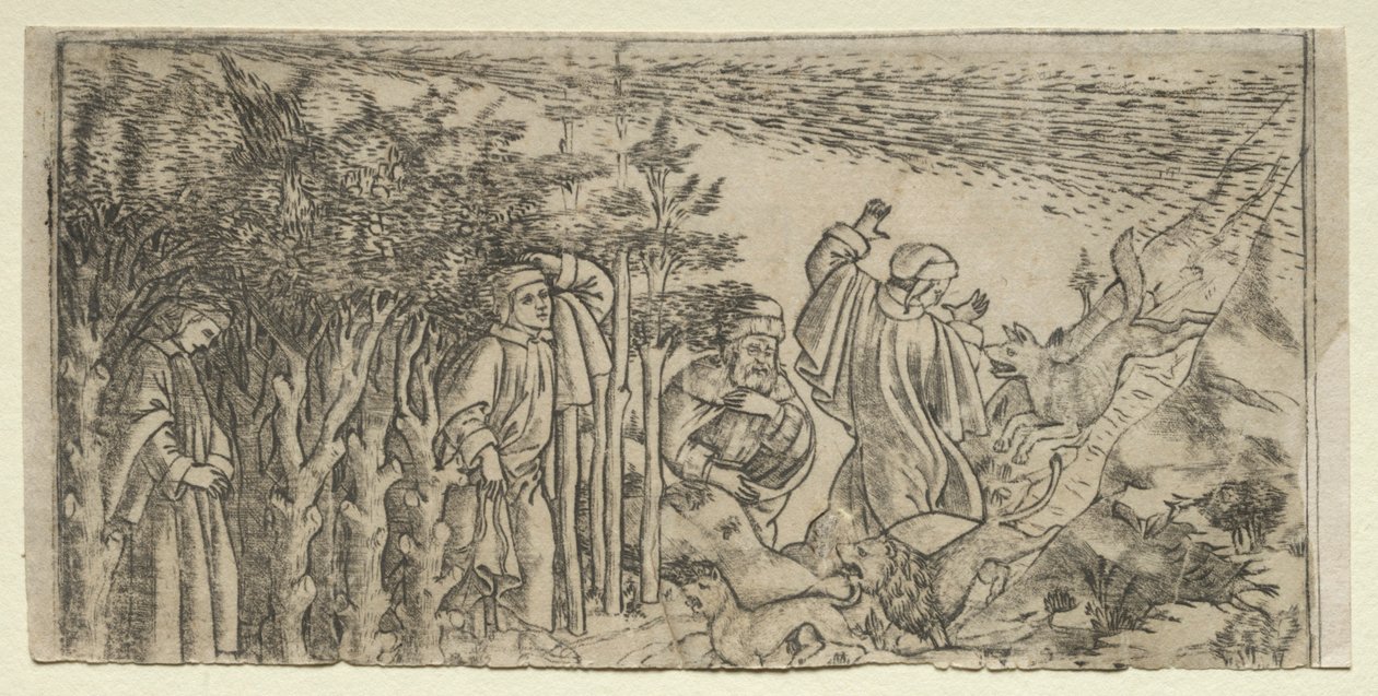 但丁迷失在树林：逃脱和遇见维吉尔，Canto I，1481年。 作者 巴奇奥·巴尔迪尼