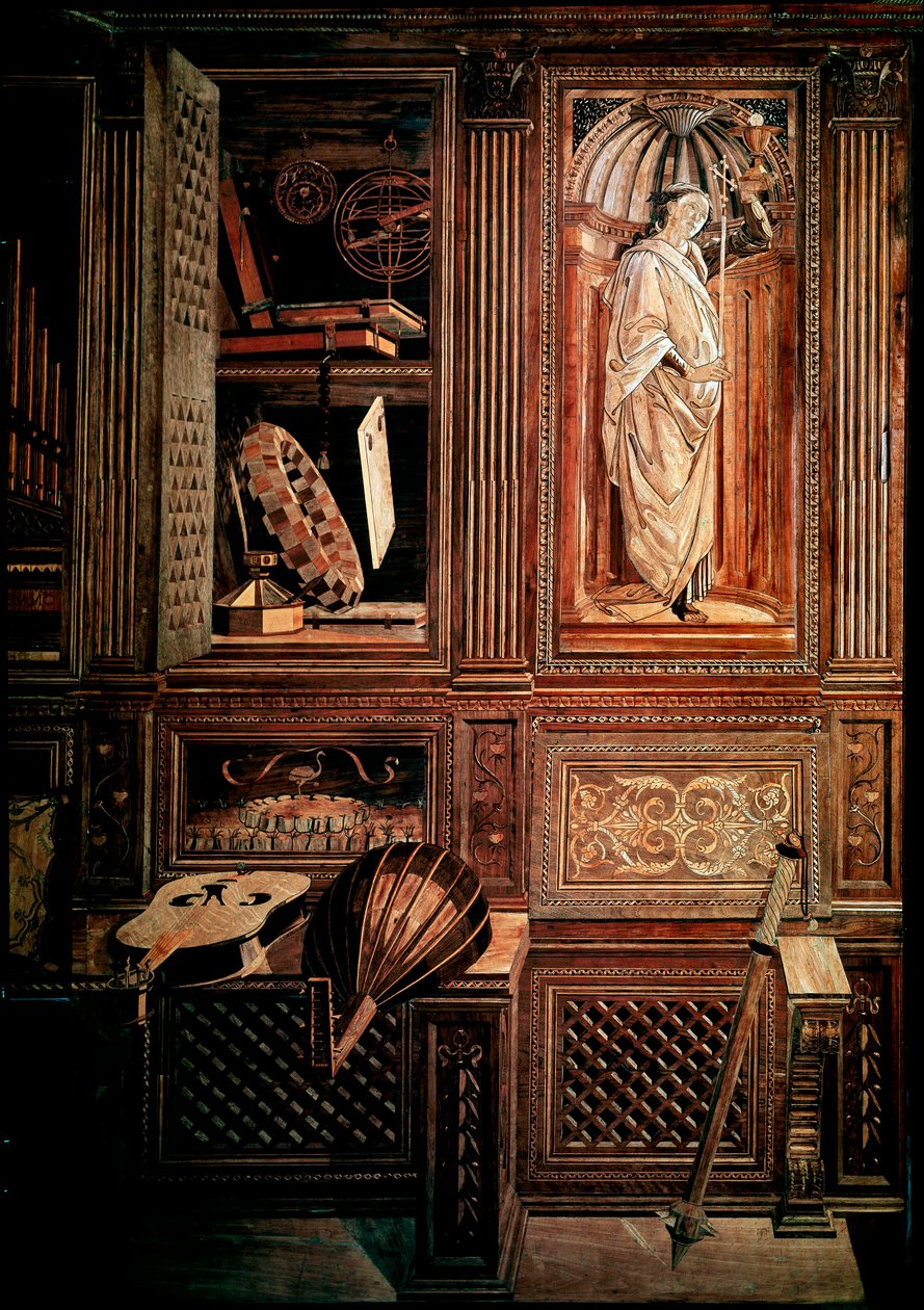 乌尔比诺（Urbino）公爵弗雷德里克三世（Frederic III of Montefeltre），意大利语Federico III da Montefeltro（1422-1482）的Studiolo。细节上有马佐奇奥的表现。Legno木制马赛克，由Baccio Pontelli (1450-92)根据Baccio Pontelli的画作完成的饰面装饰。 作者 巴乔·庞特里