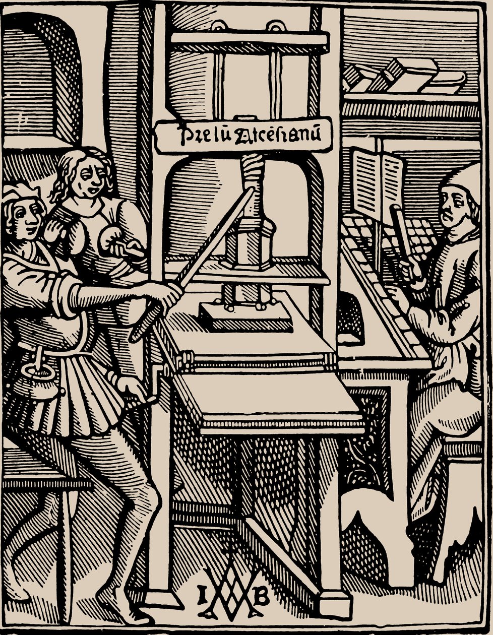 Prelum Ascensianum：印刷厂的设备与工作中的印刷机，1508年。 作者 巴迪乌斯