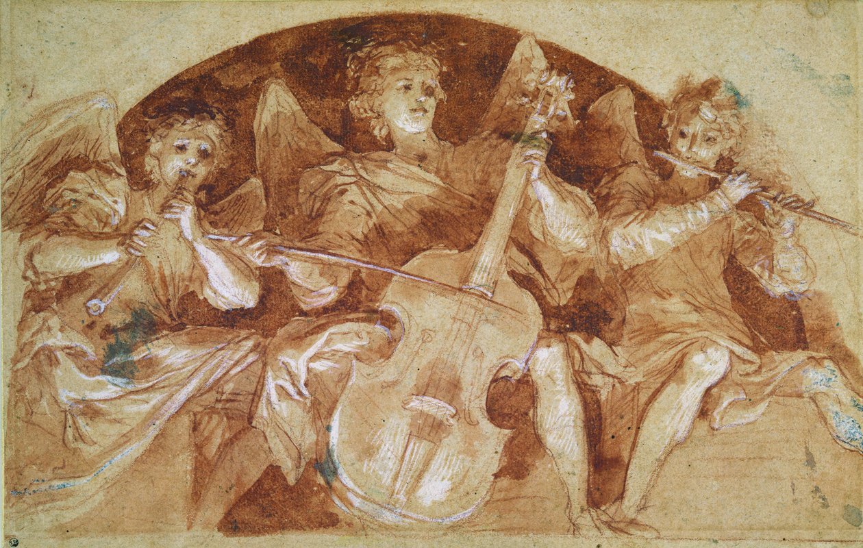 三位天使音乐家（笔墨水和红色粉笔在纸上） 作者 Baldassare Franceschini