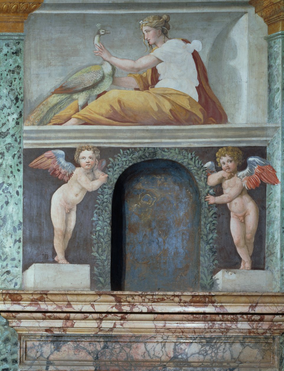 Sala delle Prospettive Hall of Perspective详细的trompe loeil利基描绘女神朱诺与孔雀，1518-19壁画 作者 巴尔达萨尔佩鲁齐