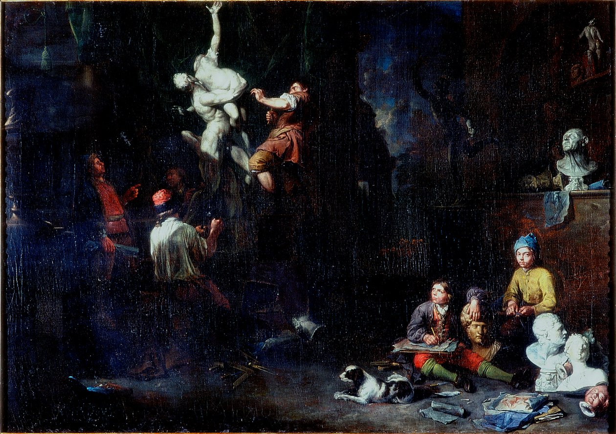 一个雕刻家的工作室，1706年 作者 Balthasar van den Bossche