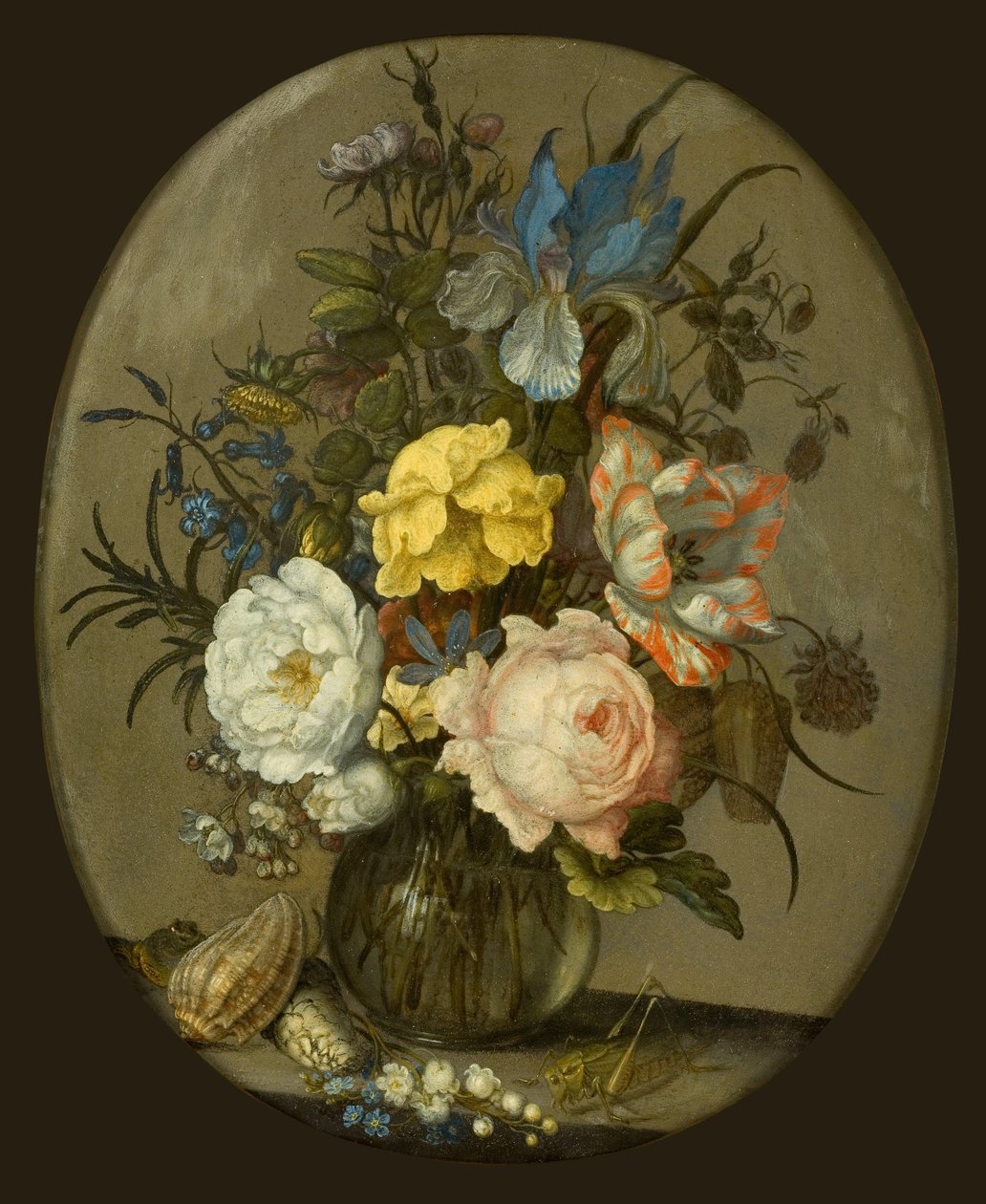 在玻璃花瓶的花与在ith壳和昆虫旁边 作者 Balthasar van der Ast