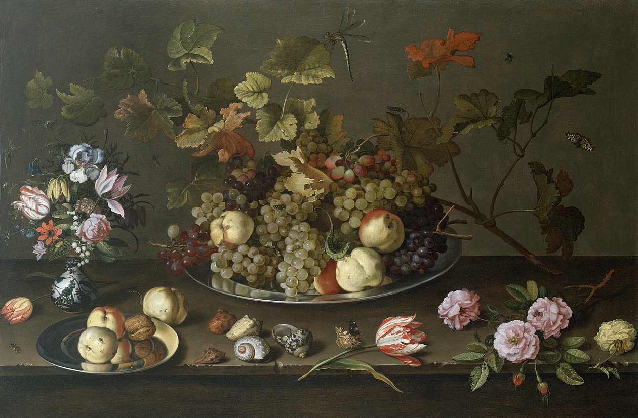 果子，花和壳的静物画 作者 Balthasar van der Ast